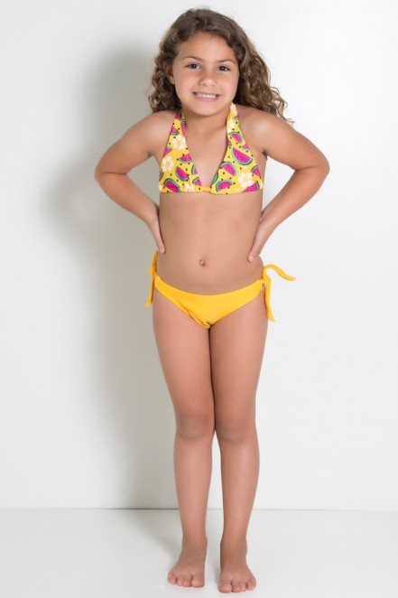 Biquini Infantil Cortininha com Calcinha Lisa (Amarelo com Melancia / Amarelo) | Ref: DVBQ33-001