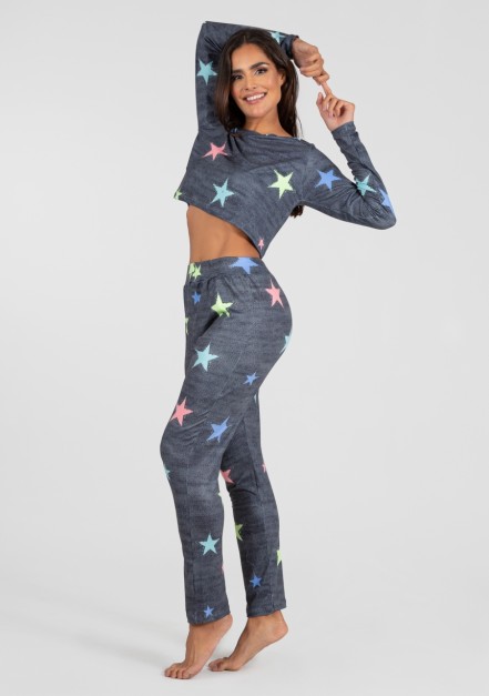 Pijama Cropped de Manga Longa e Calça Estampa Digital (Stars) | Ref: K2814