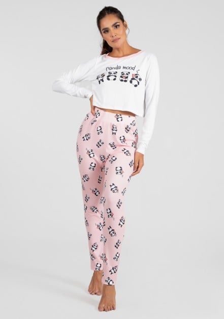 Pijama Cropped de Manga Longa e Calça Estampa Digital (Panda Mood) | Ref: K2993-A 