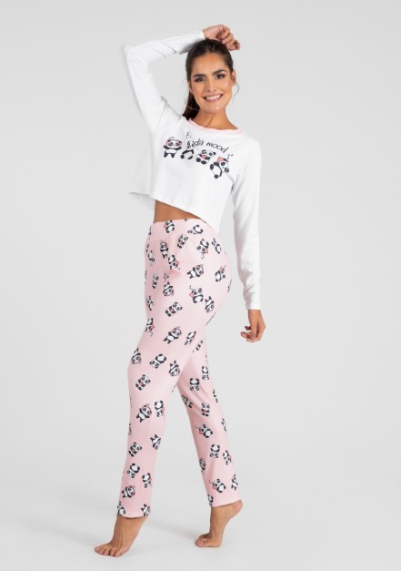 Pijama Cropped de Manga Longa e Calça Estampa Digital (Panda Mood) | Ref: K2993-A