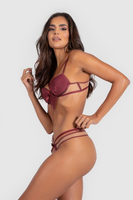 Conjunto Lingerie Cintia com Bojo e Renda (Vinho) | Ref: P03-16-D