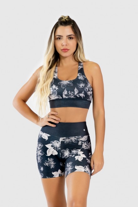 Short Fitness Meia Perna Estampa Digital Drawn Flowers | Ref: GO324