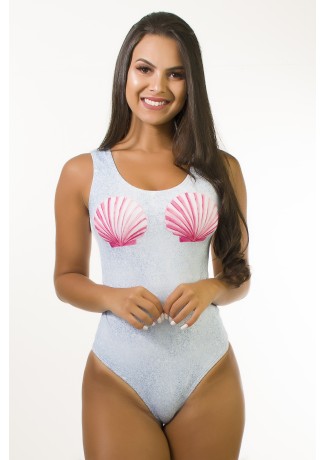 Body Carnaval Estampa Digital Cavado nas Costas (Conchas / Branco) | Ref: BD098-041-002