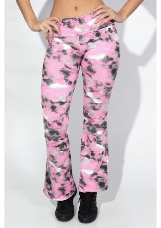 Calça Flare (Boca de Sino) Estampada (Manchado Preto com Rosa) | Ref: F166-005
