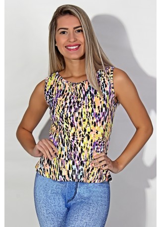 Blusa Blake Estampada com Babado (Salmão Amarelo e Roxo com Preto) | Ref: KS-F443-001