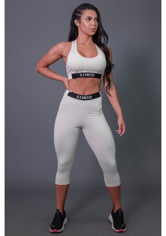 Corsário Fitness com Elástico e Silk (Off-White / Preto) | Ref: K2687-D