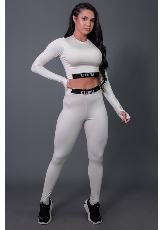 Calça Legging Fitness com Elástico e Silk (Off-White / Preto) | Ref: K2688-D