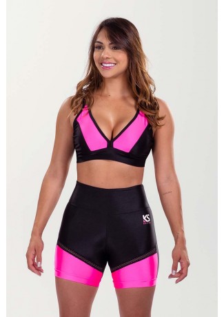 Top com Alças e Costas Centralizada (Preto / Rosa Neon) | Ref: K3513-A