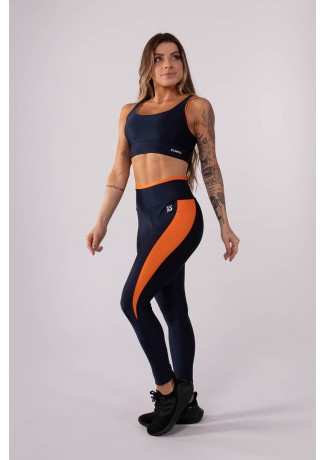 Calça Legging com Recorte Lateral e Detalhe no Cós (Azul Marinho / Laranja) | Ref: K3709-A