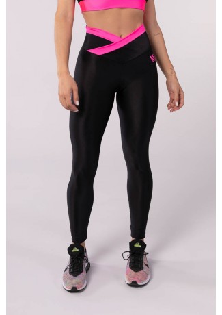 Calça Legging com Cós Transpassado Bicolor (Preto / Rosa Neon) | Ref: K3488-B