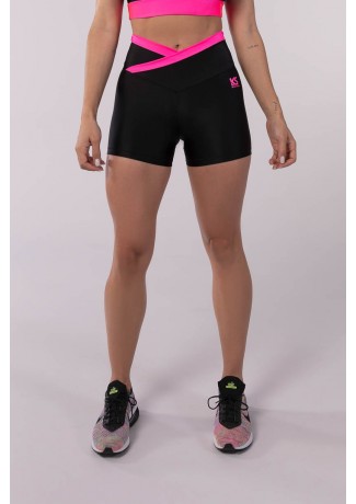 Short com Cós Transpassado Bicolor (Preto / Rosa Neon) | Ref: K3692-B