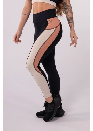 Calça Legging com Recorte Tricolor (Preto / Nude / Off-White) | Ref: K3599-A