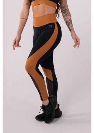 Calça Legging com Recortes e Tela (Preto / Marrom) | Ref: K3602-A