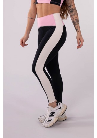 Calça Legging Tricolor com Cós Arredondado (Preto / Off-White / Rosa Claro) | Ref: K3632-A