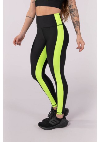 Calça Legging com Faixa Na Lateral e Entrepernas (Preto / Amarelo Neon) | Ref: K3752-A