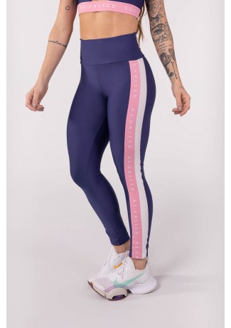 Calça Legging com Elástico Personalizado e Faixa na Lateral (Azul Marinho / Rosa / Off-White) | Ref: K3798-A