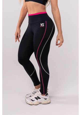 Calça Legging com Ponto de Cobertura e Cós Vira (Preto / Rosa) | Ref: K3745-A