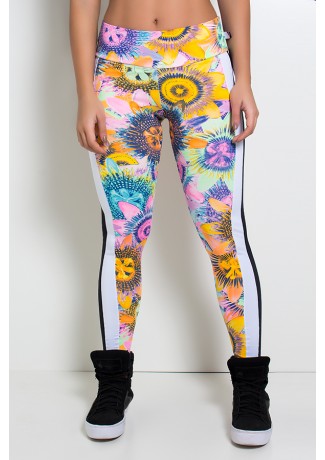 Legging Estampada com Faixas Lisas (Girassol Fluorescente - Branco - Preto) | Ref: F1867-001