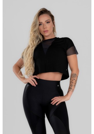 Blusa Manga Curta com Detalhe em Tela (Preto) | Ref: K2985-A