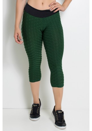 Corsário Tecido Bolha com Cós Liso (Preto / Verde Escuro) | Ref: KS-F613-004