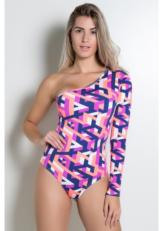 Body Manga Única (Traços Azul Marinho Coral e Roxo) | Ref: KS-F615-002