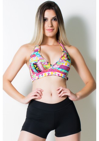 Conjunto Top Estampado e Shortinho Preto (Mosaico Rosa Amarelo e Verde) | Ref: KS-F935-001