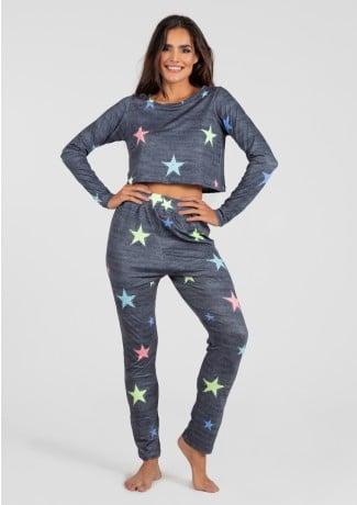 Pijama Cropped de Manga Longa e Calça Estampa Digital (Stars) | Ref: K2814