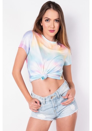 Blusa Básica com Nozinho Estampa Digital Tie Dye (Arco-Íris Claro) | Ref: K2829-C