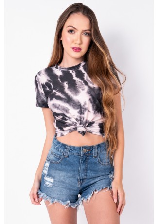 Blusa Básica com Nozinho Estampa Digital Tie Dye (Rosê / Preto) | Ref: K2829-G