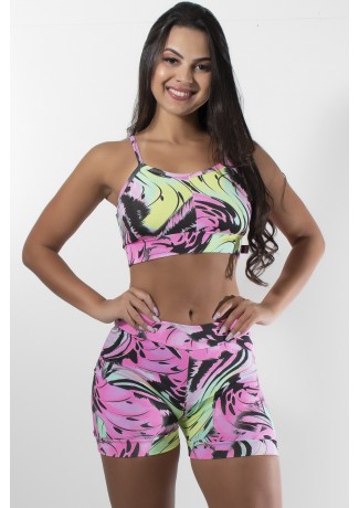 Conjunto Fitness Estampado (Preto com Rosa e Verde) | Ref: KS-F735-007