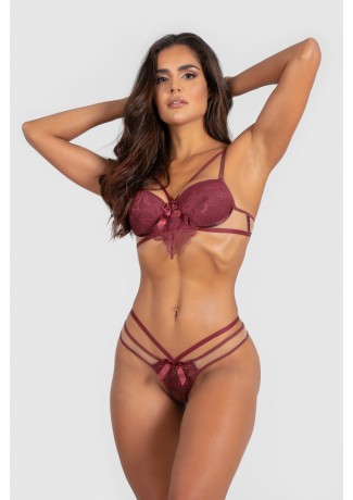 Conjunto Lingerie Cintia com Bojo e Renda (Vinho) | Ref: P03-16-D