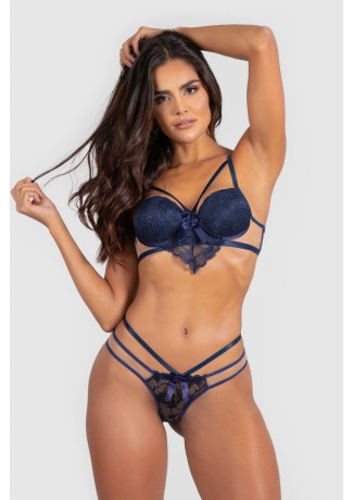 Conjunto Lingerie Cintia com Bojo e Renda (Azul Marinho) | Ref: P03-16-E