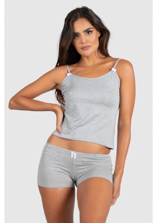 Conjunto Babydoll e Calcinha com Laços (Cinza / Branco) | Ref: P03-7-B