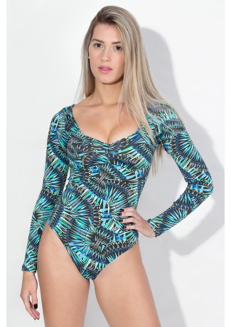 Body Estampado Estela com Bojo (Azul Verde e Preto) | Ref: KS-F214-003