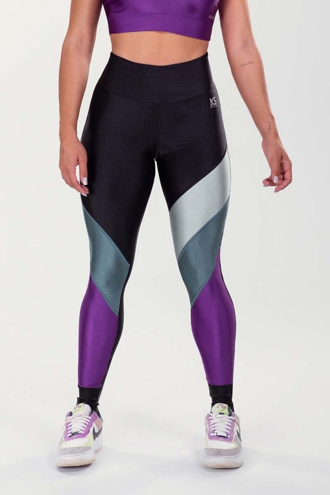 Calça Legging Tricolor (Preto / Roxo / Verde / Verde Claro)