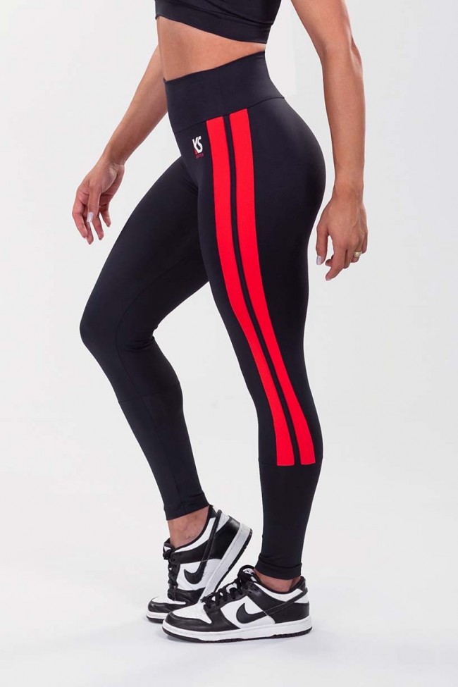 Calça Legging com Faixa Dupla Lateral (Preto / Vermelho)