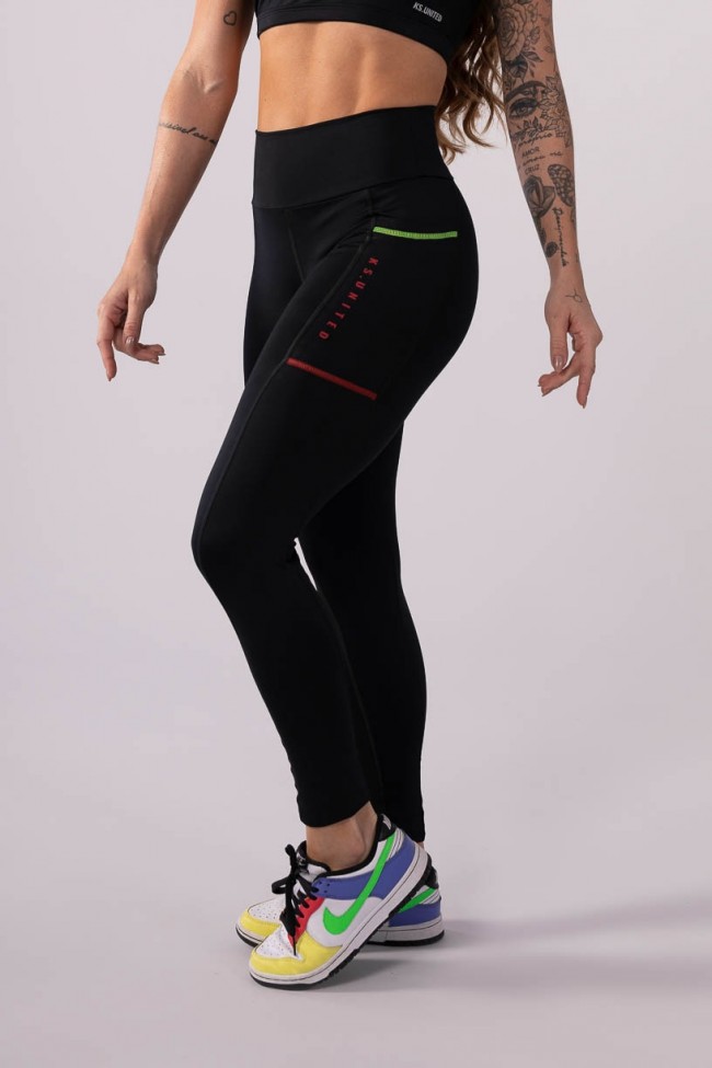 Calça Legging com Bolso e Ponto de Cobertura (Preto / Vermelho / Amarelo  Neon), Ref: K3498-A