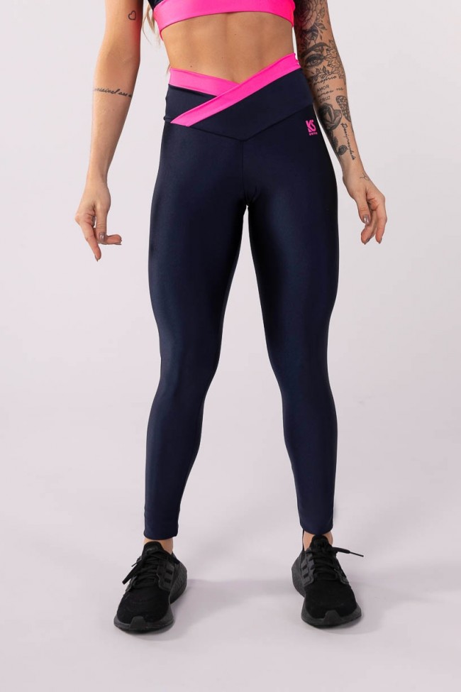 Calça legging fitness bicolor com tela nas laterais preta com rosa romance  - MTX