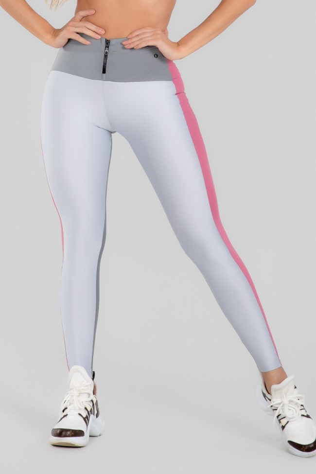 Cal a Legging Tr s Cores com Z per Branco Cinza Rosa Ref