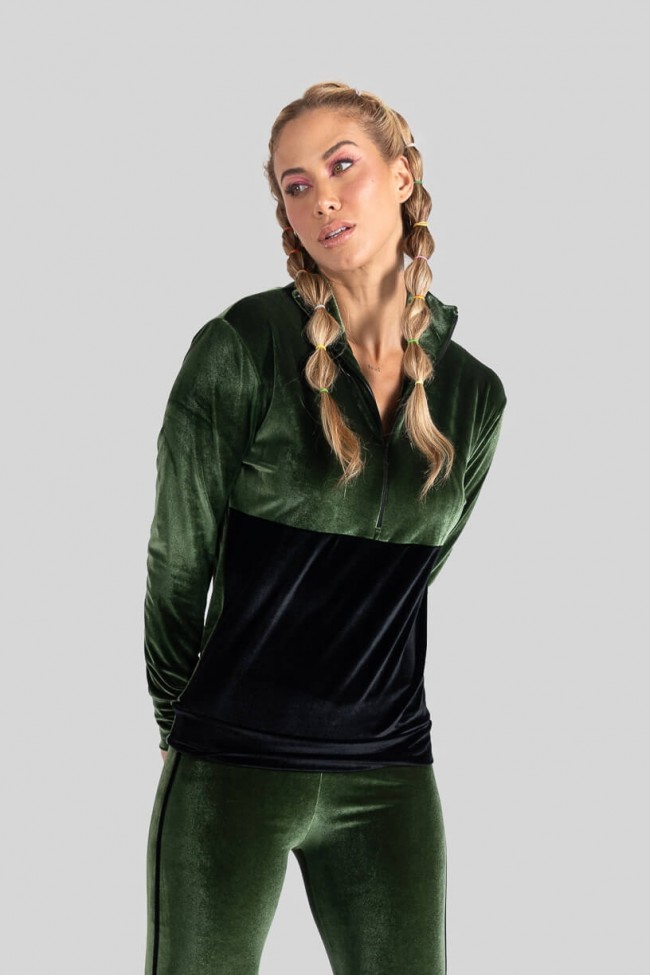 Casaco Bicolor Veludo Verde Militar Preto Ref K3088 B Kaisan