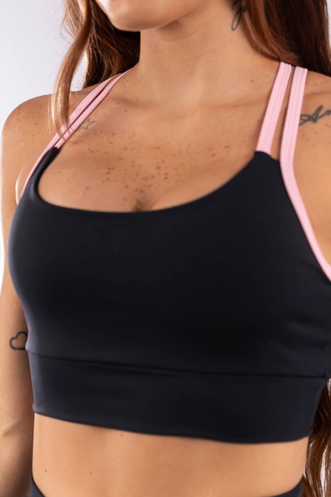 Top com Alças Duplas Cruzadas (Preto / Rosa Claro) | Ref Top com Alças Duplas Cruzadas (Preto / Rosa Claro) | Ref